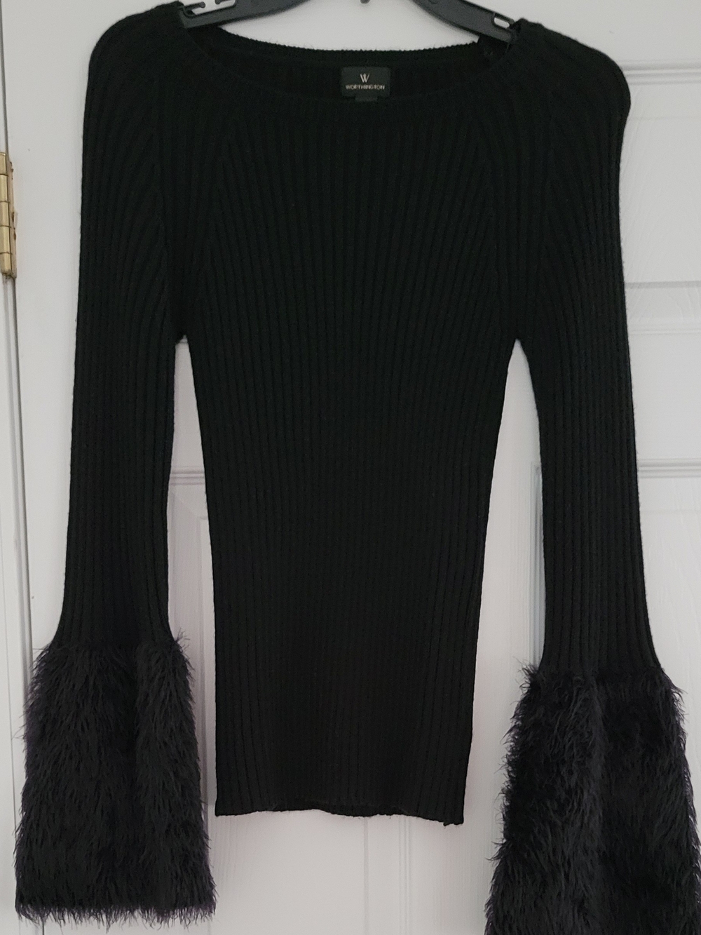 Worthington Black Ribbed Sweater with Faux Fur Bell Cuffs